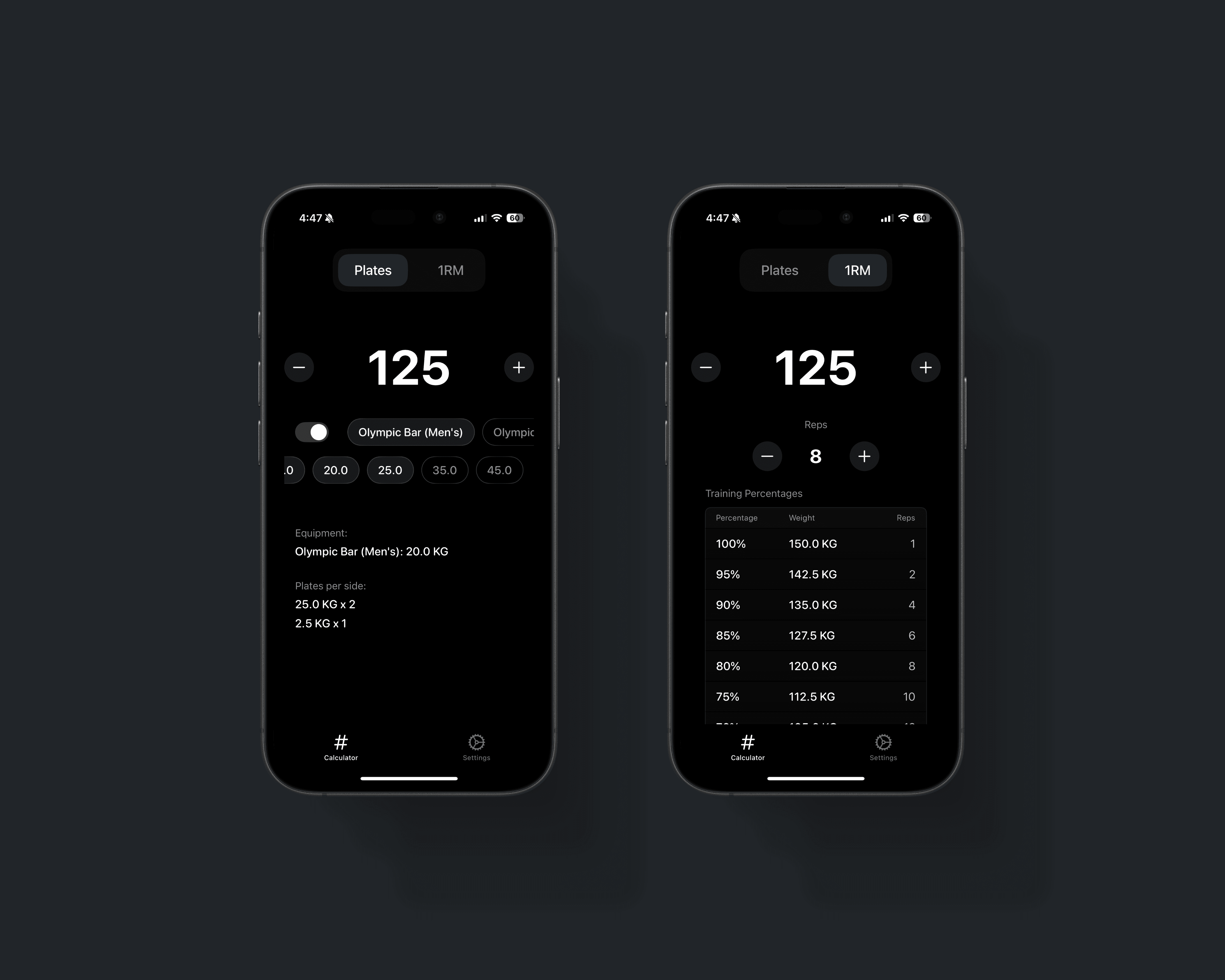 GymCalc calculator and equipment settings screens